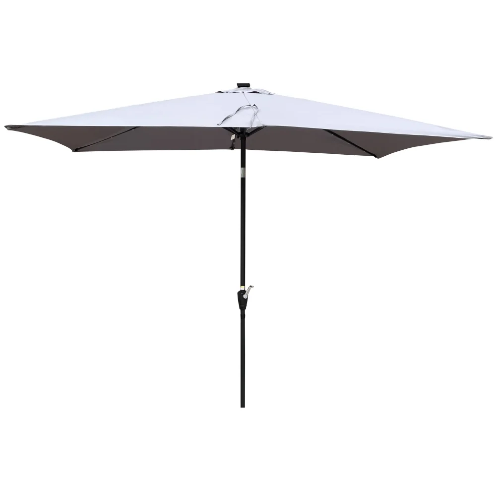 10 x 6.5t Patio Umbrella,Rectangular Picnic Table Umbrella,6-8 Chairs Tilt Umbrella with 26 LED Lights,Waterproof Umbrella Sunshade with Crank and Push Button Tilt for Garden Backyard Pool,LIGHT GREY