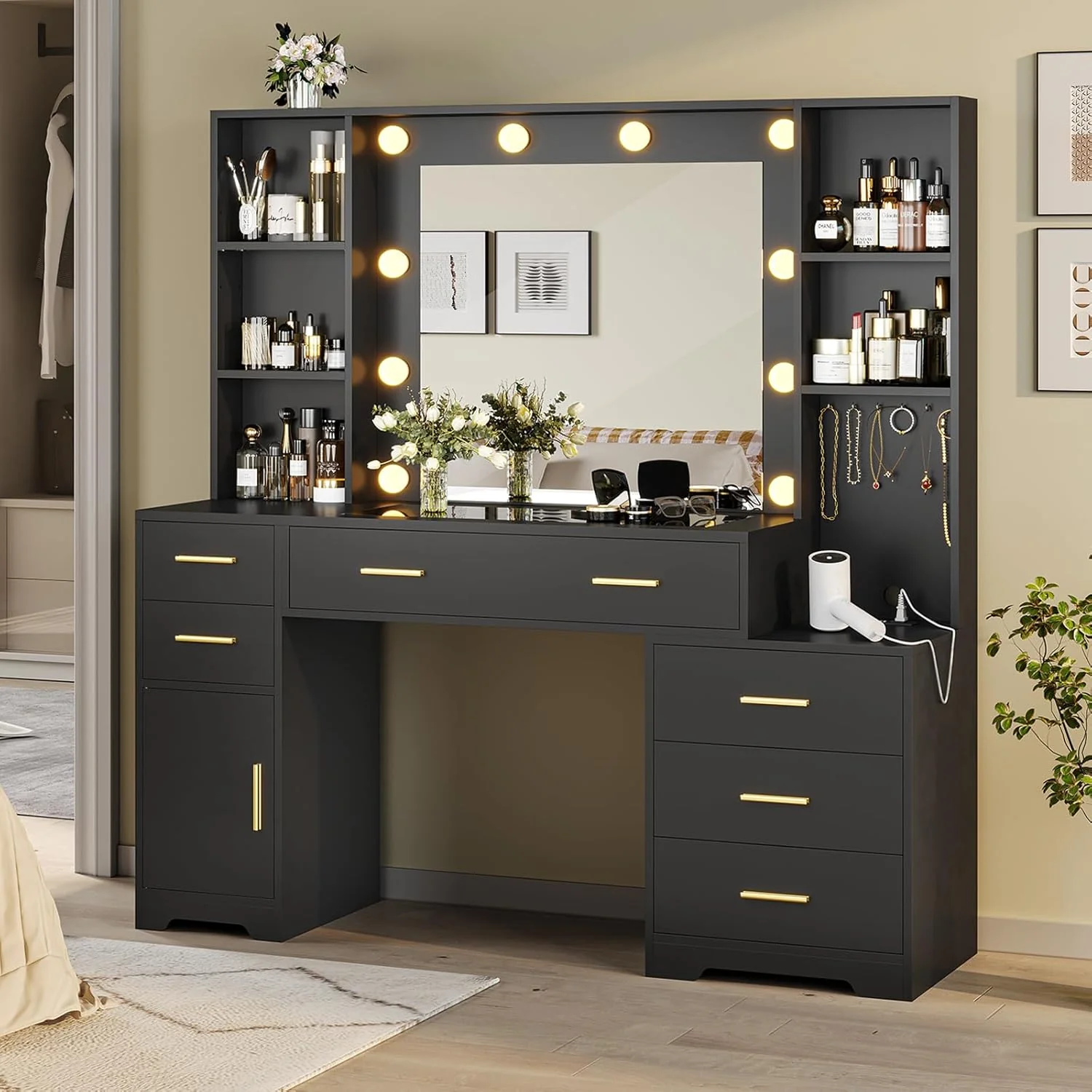 Grande coiffeuse Hasuit de 124 cm (48,8 po) avec miroir lumineux et prise électrique, table de maquillage