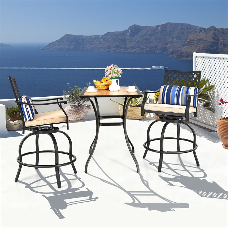 Ensemble de 2 tabourets de bar pivotants pour terrasse, hauteur bar, avec coussins moelleux et structure en acier.