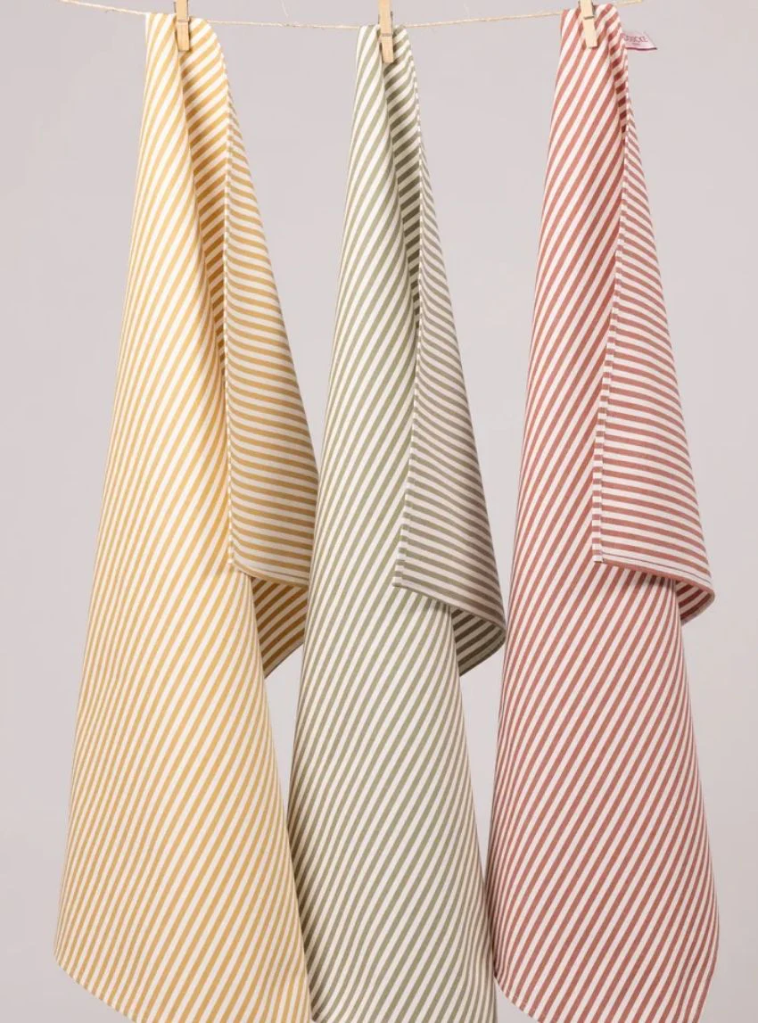 Lot de 3 torchons rayés coton kaki terracotta moutarde