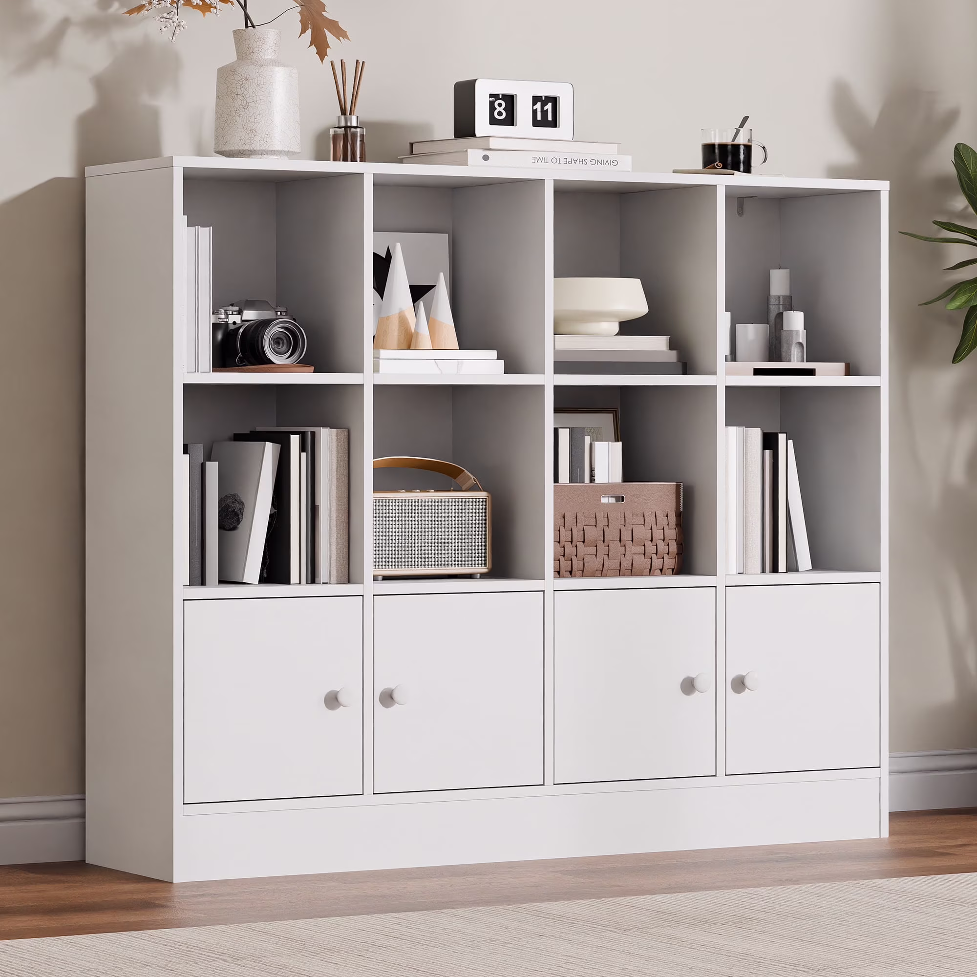 3-Tier Open Cube Bookcase with 12 Cubes and 4 Doors, Adjustable Shelves, White(White)