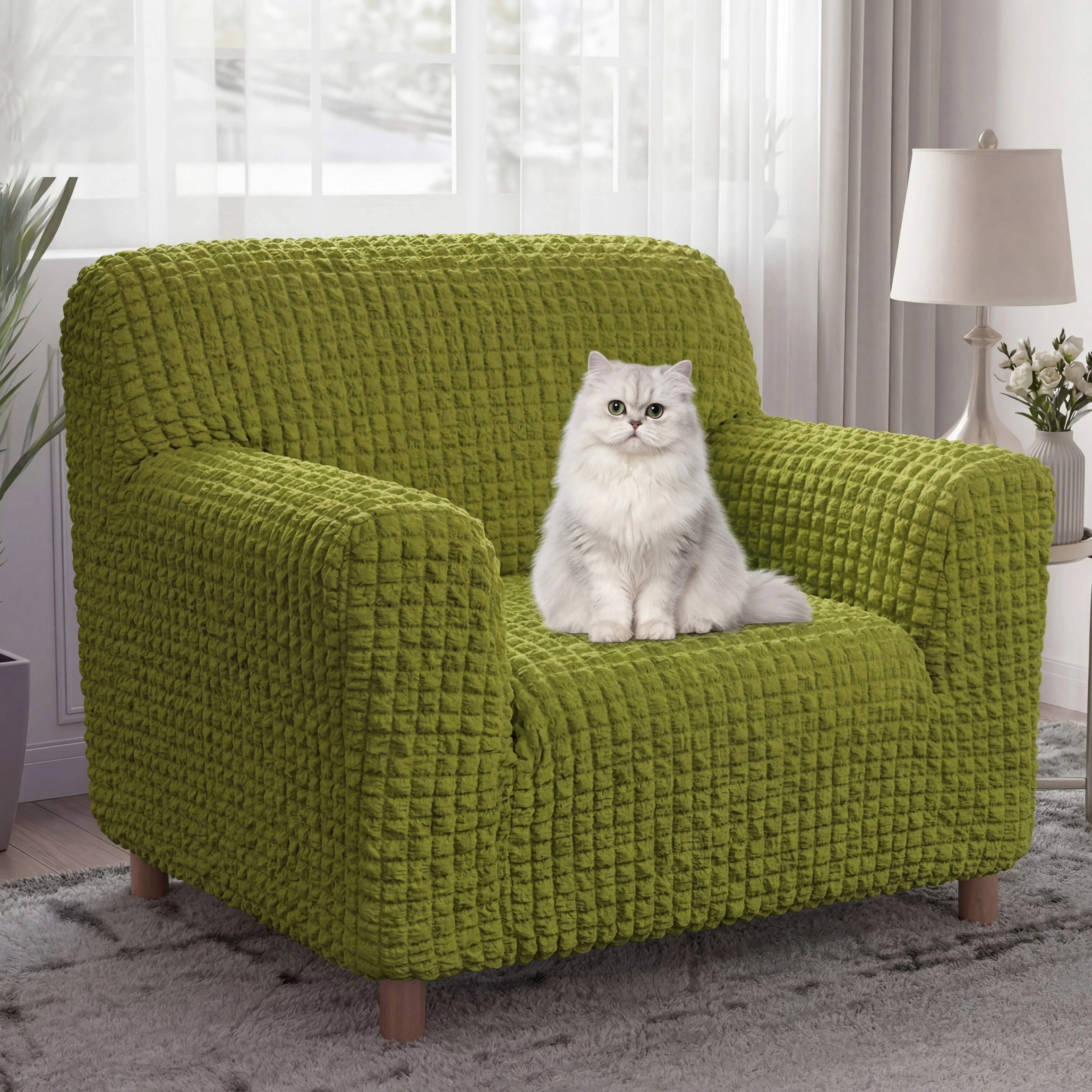 Cream Style Seersucker Breathable Stretchy Full-Coverage Magic Armchair Cover