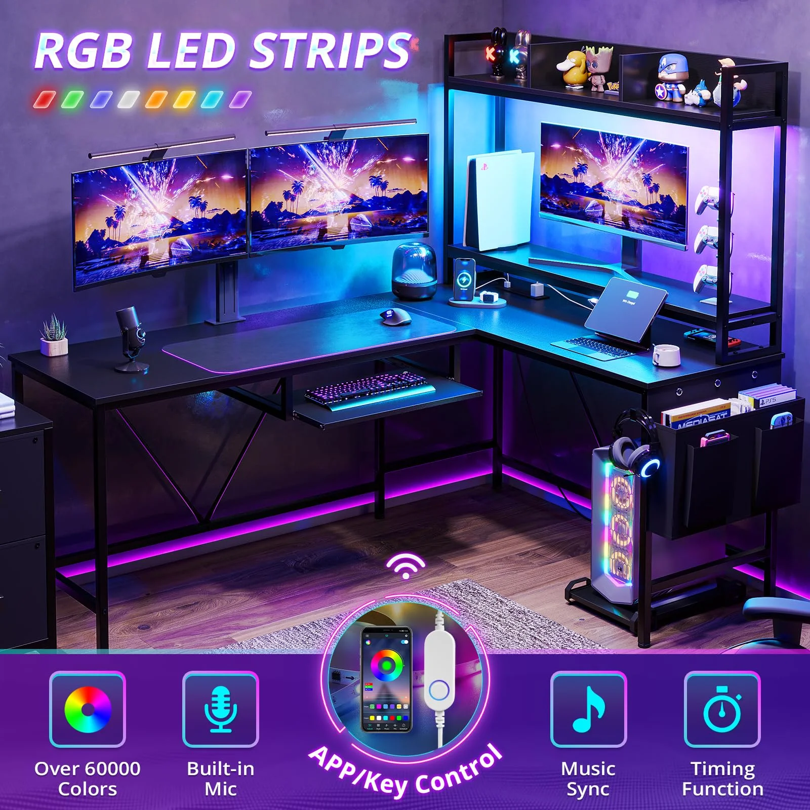 L Shaped Computer Desk with Power Outlet and LED Strip, Reversible Corner Gaming Desk with 2 Drawer and Keyboard Tray, Black - Image 3