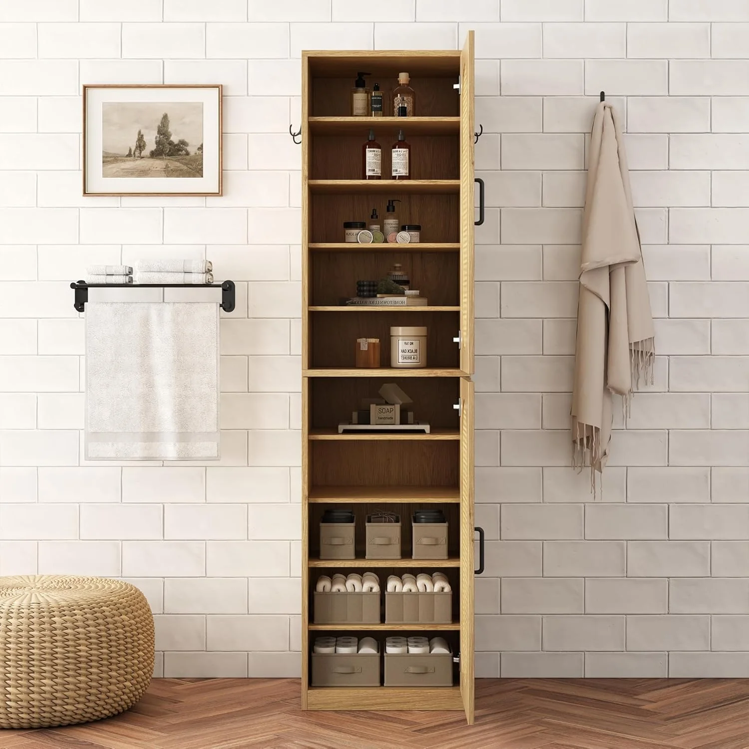 66-Inch Bathroom Storage Cabinet with Rattan Doors, Bath Room Organizer Floor Cabinets Brown - Image 5