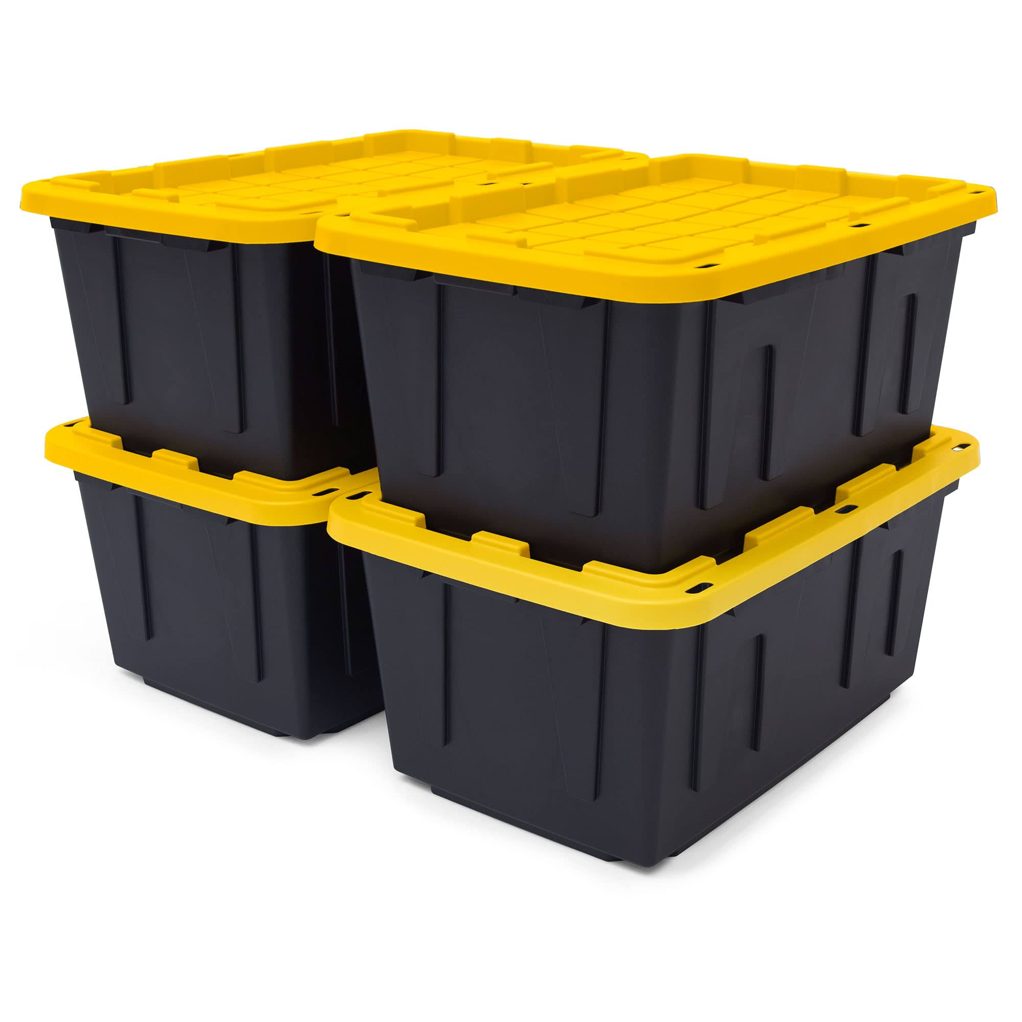 Black & Yellow 27-Gallon Tough Storage Containers with Lids, Stackable, 4 Pack, Black