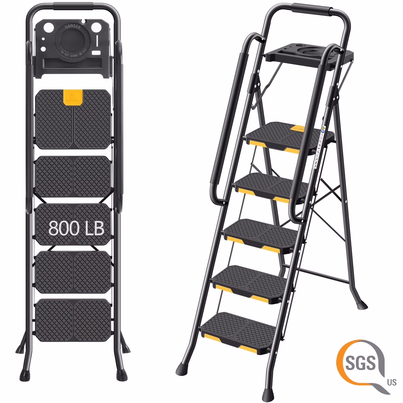 Kingrack 5 Step Folding Ladder for Adults, 800 lb Sturdy Steel Stool Ladder with Anti - Slip Pedal&Handrail&Tool Tray for Home Kitchen Office