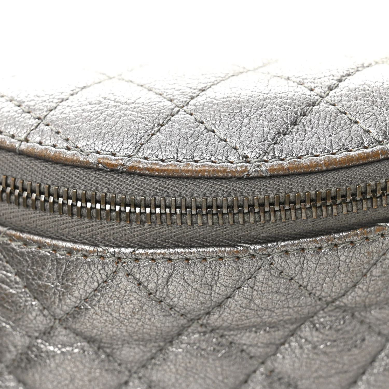 Metallic Calfskin Quilted Banane Waist Bag Fanny Pack Dark Silver