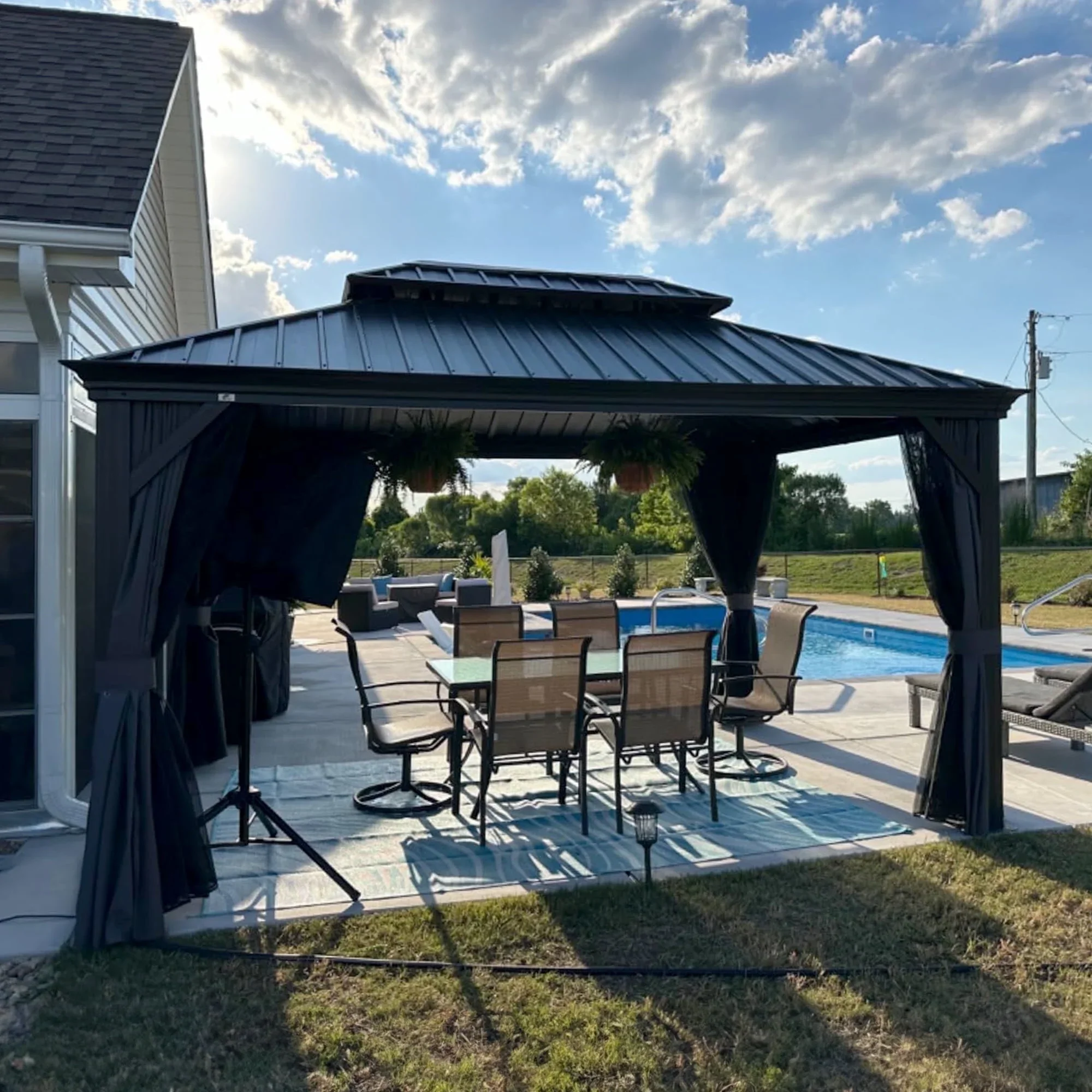 PURPLE LEAF 10' X 14' Permanent Hardtop Gazebo Aluminum Gazebo with Galvanized Steel Double Roof for Patio Lawn and Garden, Curtains and Netting Included, Gray