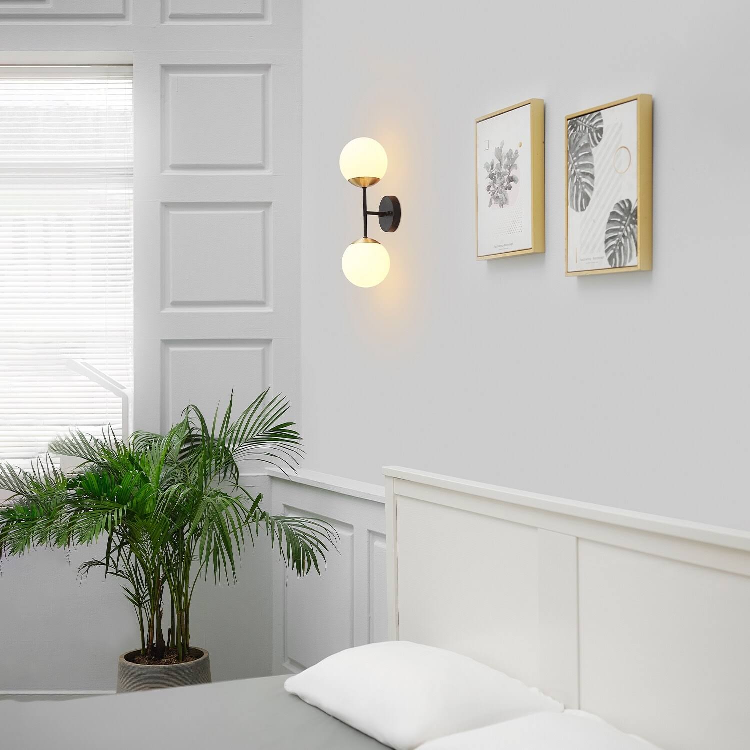Celestia 2-Light Matte Black Wall Sconce with Antique Brass Accent Socket and Matte Opal Glass Shades - One Size 91001776
