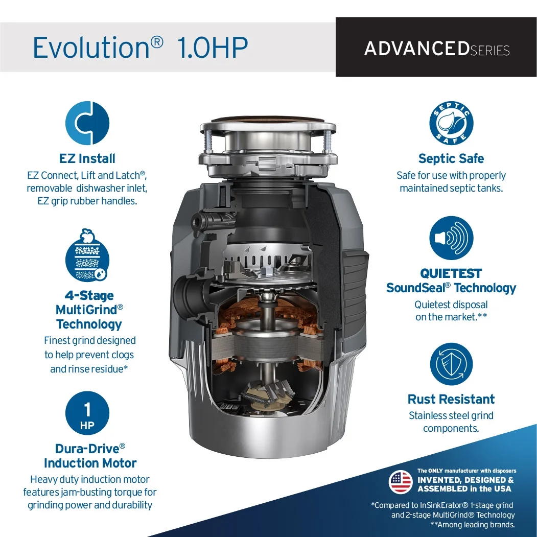 Evolution 1HP, 1 HP Garbage Disposal, Advanced Series EZ Connect Continuous Feed Food Waste Disposer - Image 2