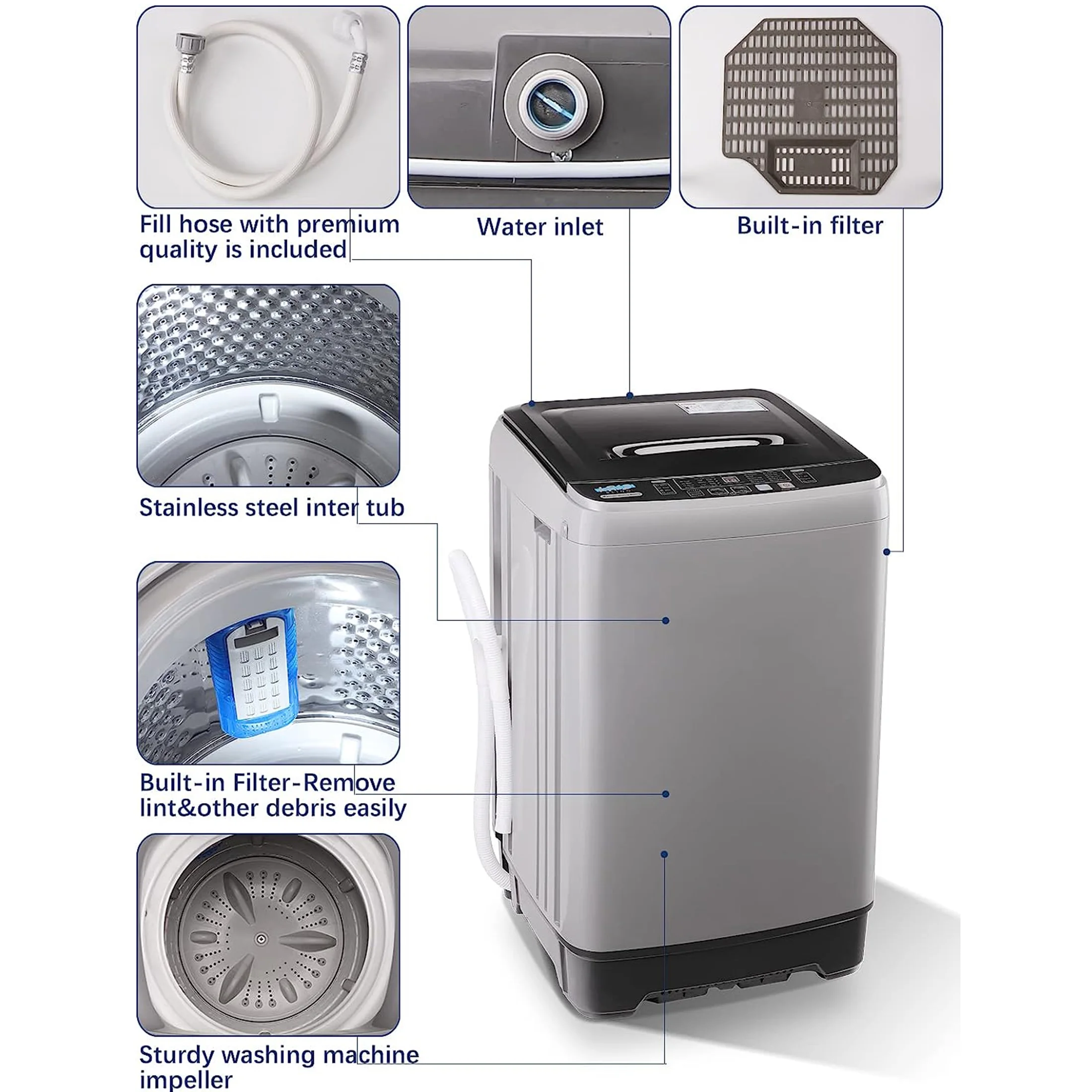 Full-Automatic Washing Machine, Portable Laundry Washer, Compact 17.7 lbs, LED Display, Drain Pump, 10 Wash Programs 8 Water Levels(GREY) - Image 9