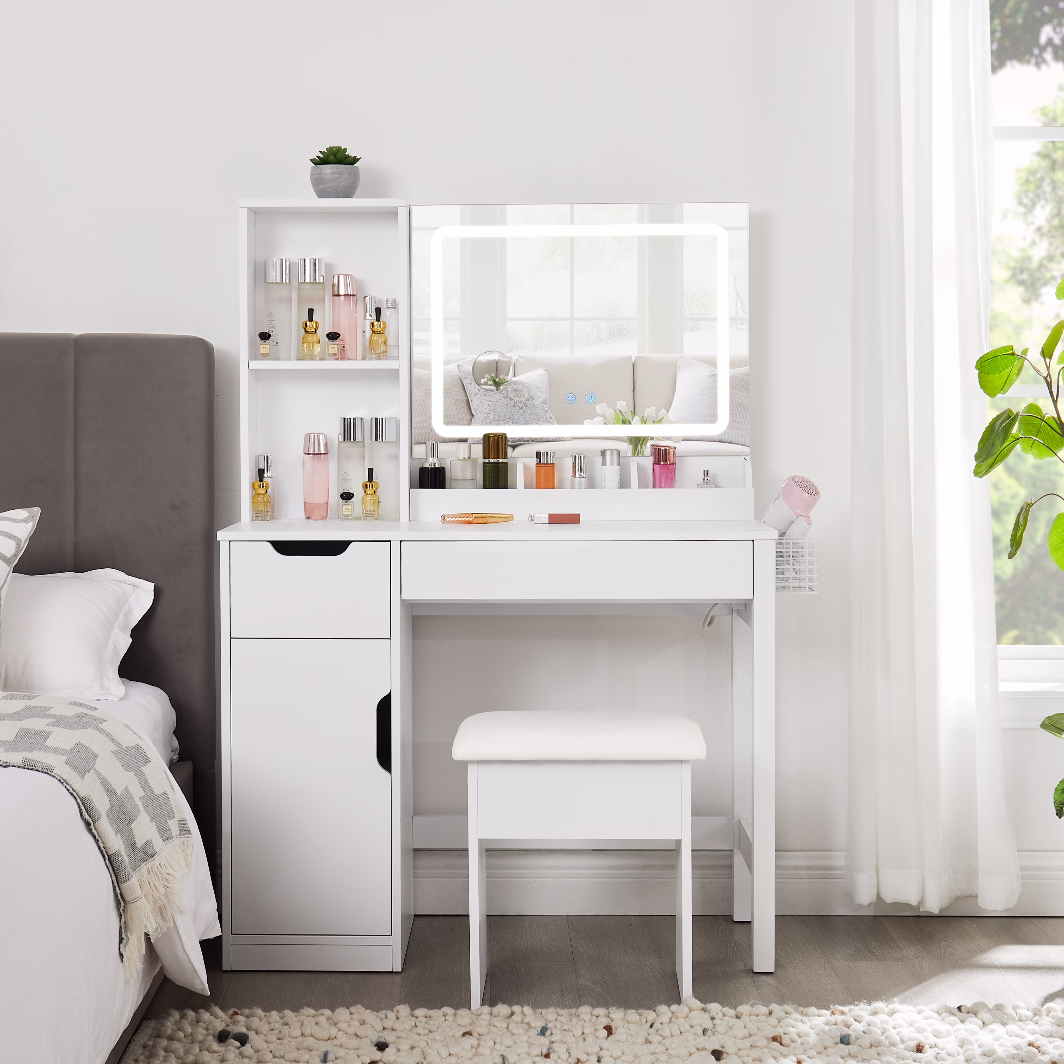 Get Ready with Me GRWM Deluxe 2 Piece Vanity and Stool with Lighted Mirror and USB Power, White Finish(White Right side storage) Image 3