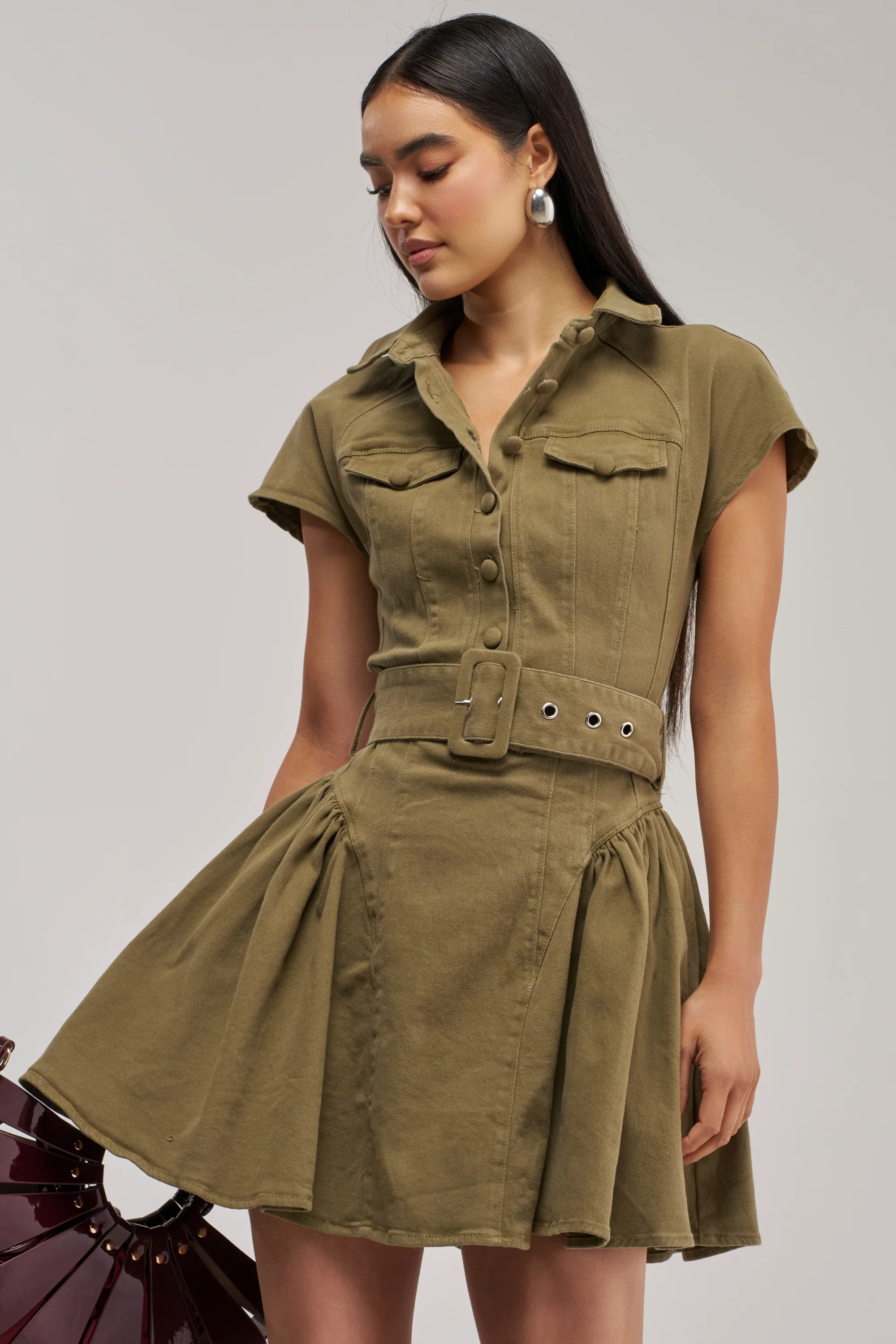 SADIE BUTTON UP MINI DRESS IN OLIVE DENIM - Akira Store