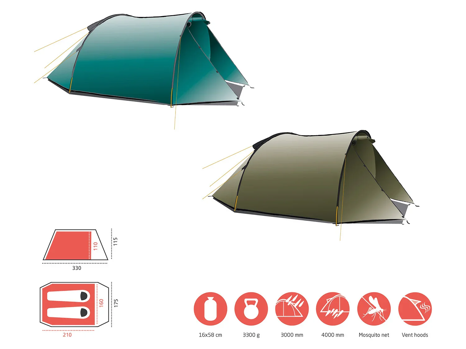 Grand Canyon Tente tunnel ROBSON 2, pour 2 personnes, tanche
