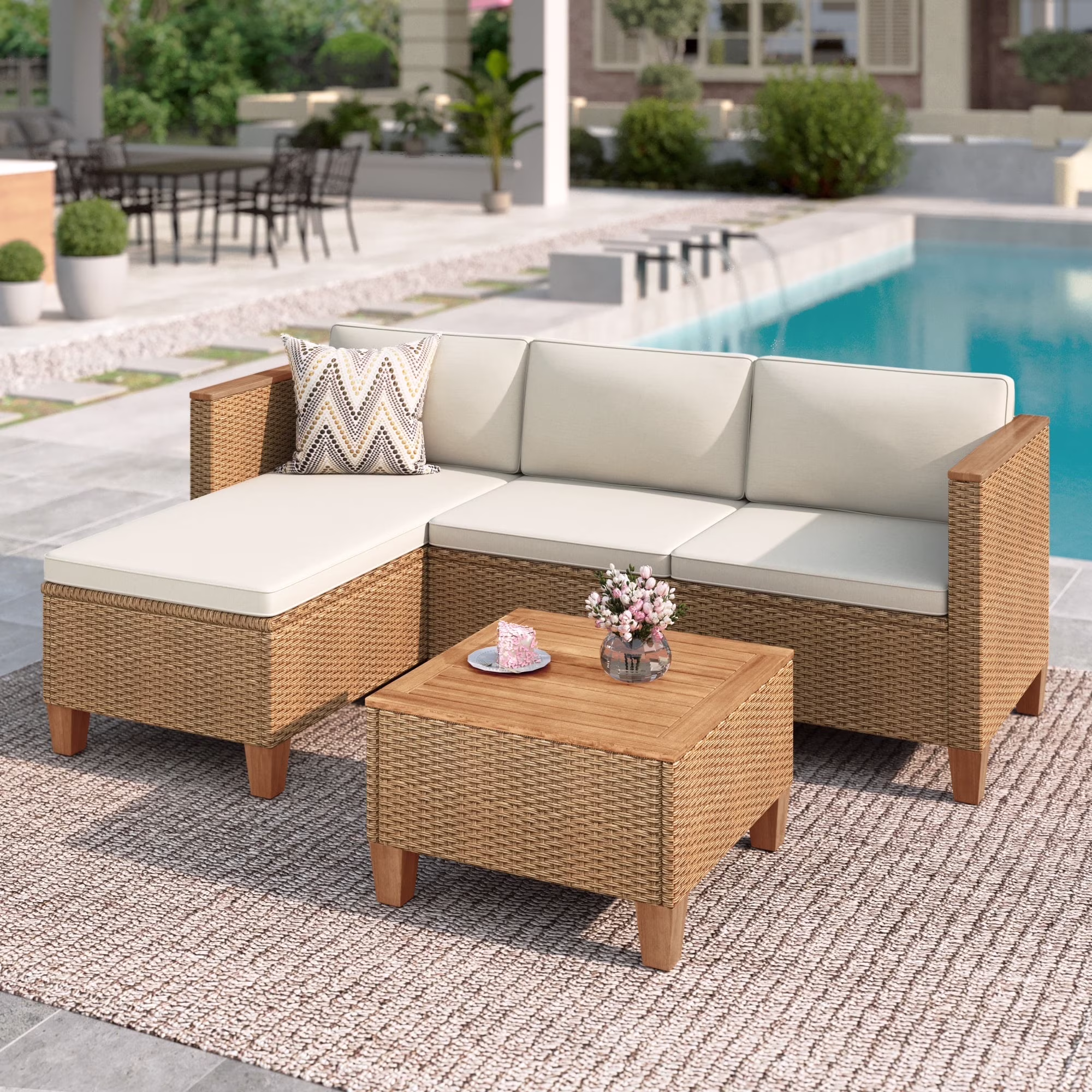 MF Studio 3 - Piece Patio Furniture Conversation Set, All - Weather Wicker Outdoor Sectional Sofa Set with Table & Cushions, Beige