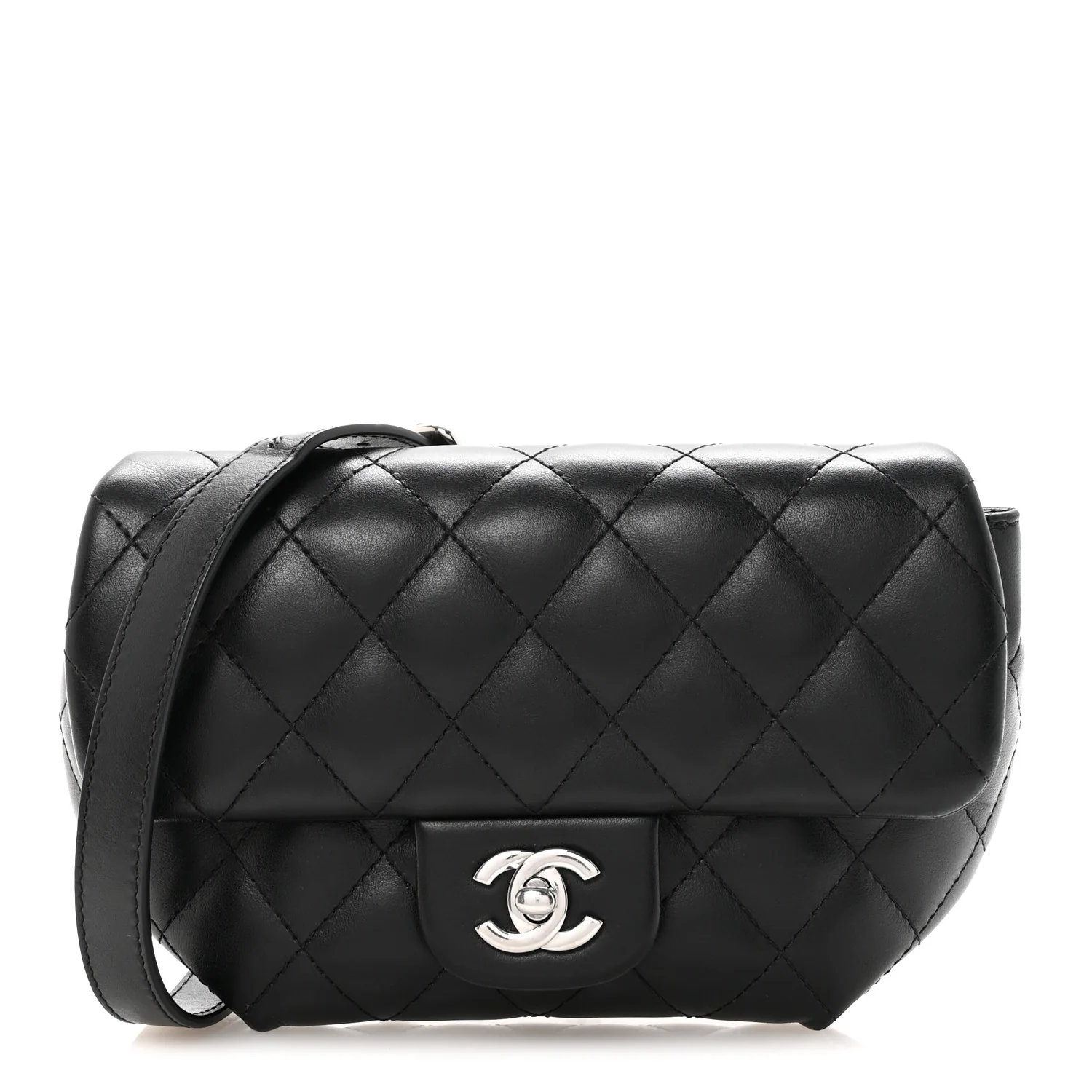 Calfskin Quilted CC Uniform Flap Belt Bag Black