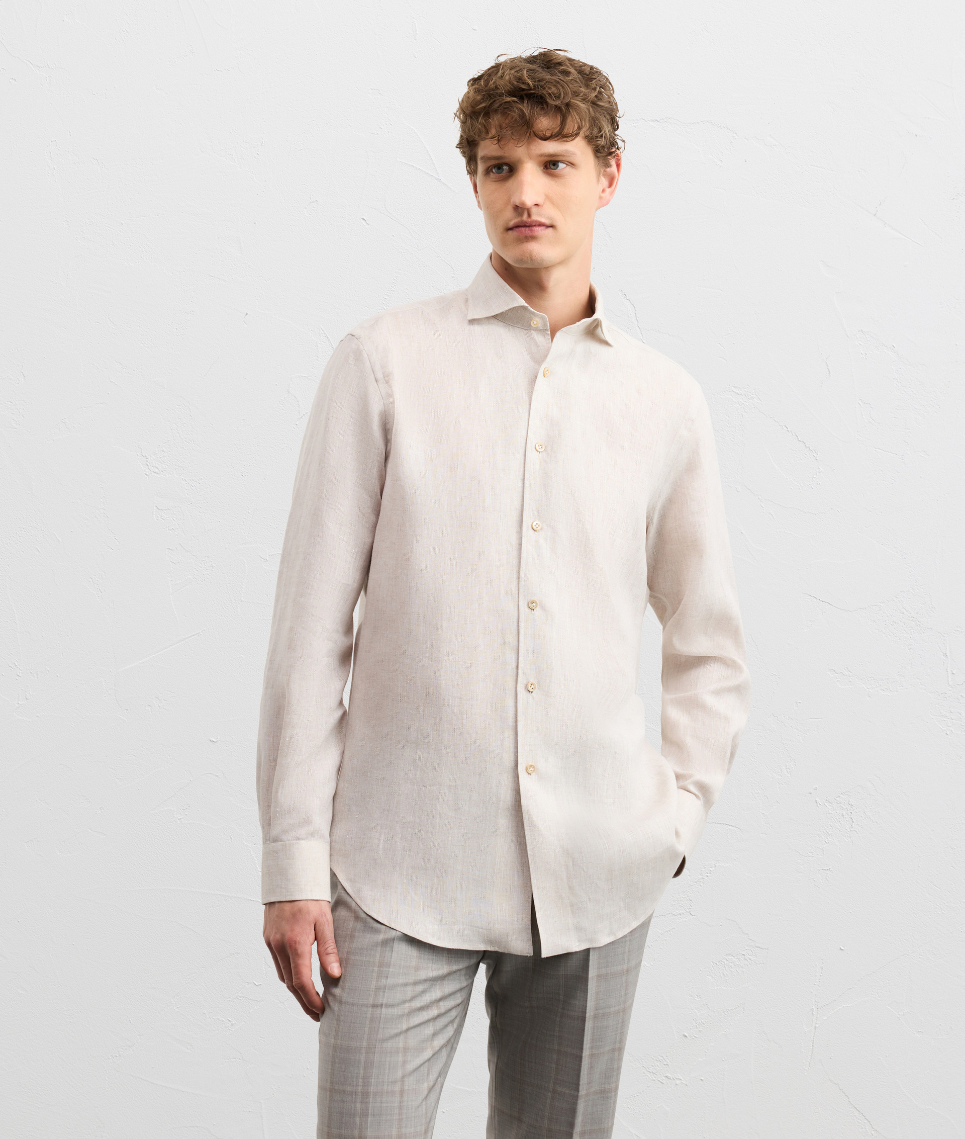 ONE-PIECE FRENCH SHIRT WITH PALERMO COLLAR IN LIGHT BROWN LINEN