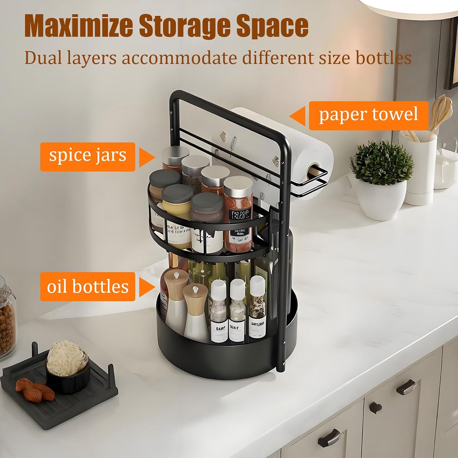 JEESA Rotating Spice Rack with Paper Towel Holder, Black