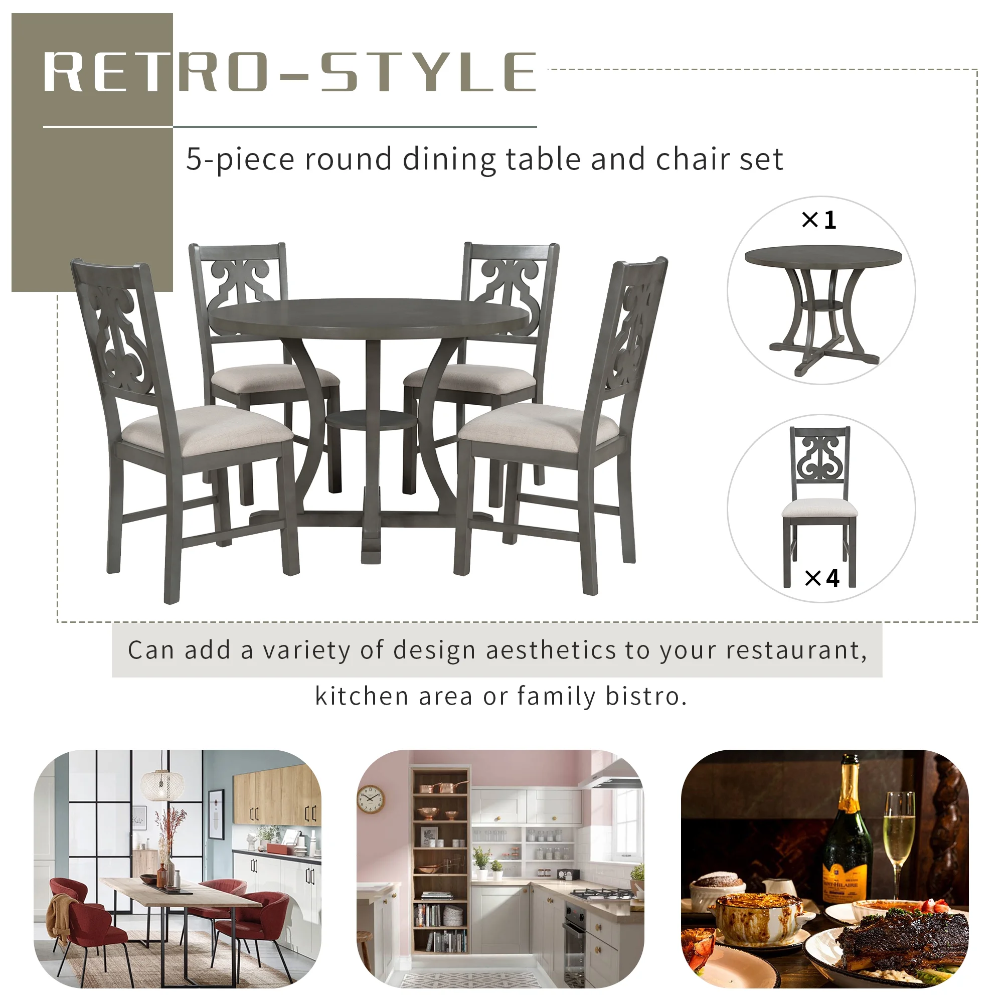 5 Pieces Wooden Round Dining Table and Chair Set with Special-shaped Legs and an Exquisitely Designed Hollow Chair Back for Dining Room(# 3:Gray (Round)) - Image 8