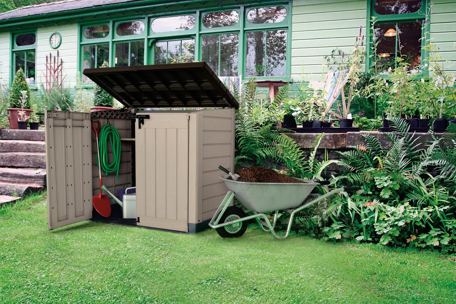 Store It Out MAX Horizontal Durable Resin Outdoor Storage Shed With Heavy Duty Floor and Locking Latch and Double Doors, Beige - Image 5