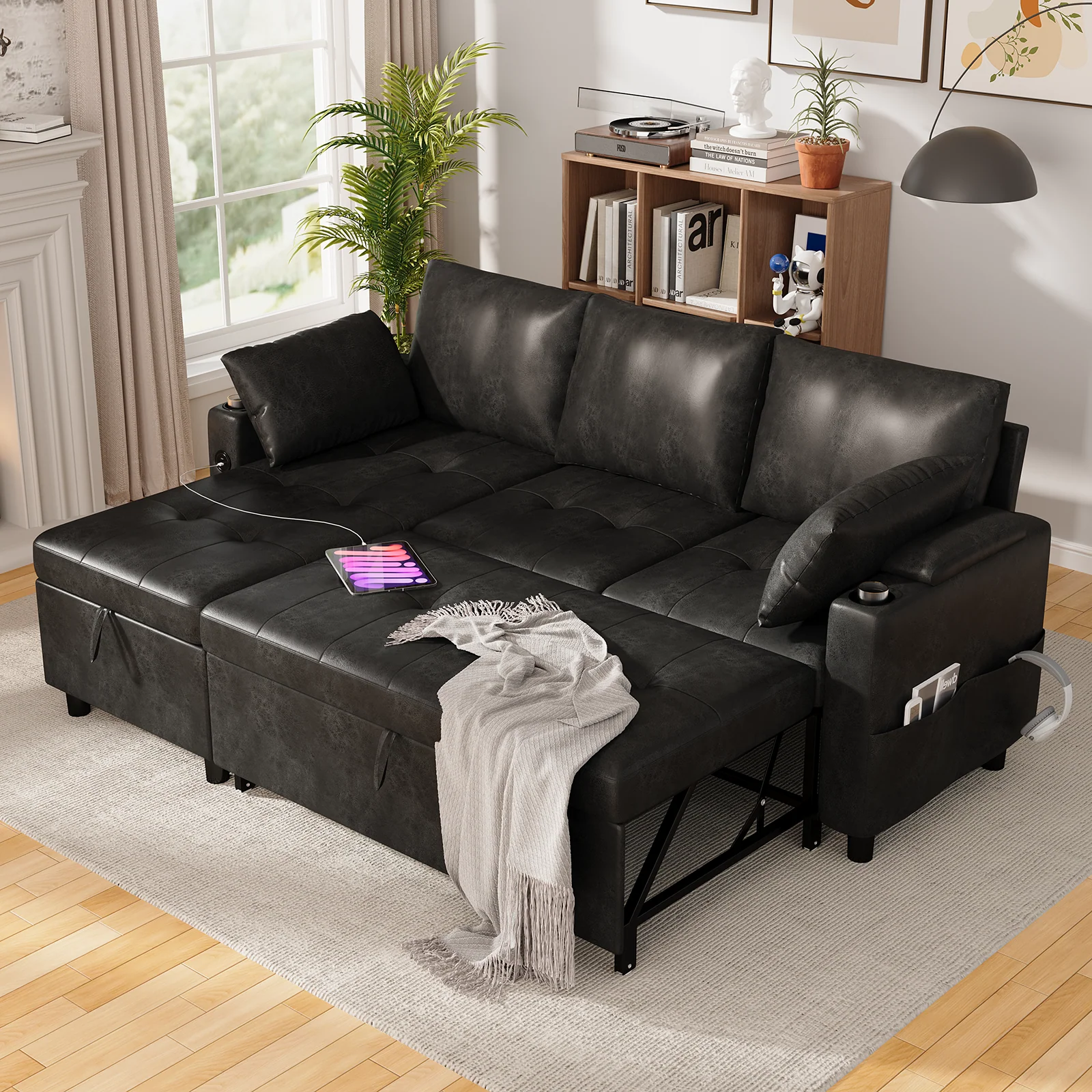 AECOJOY Sleeper Sofa Couch with Pullout Bed, Faux Leather, Black