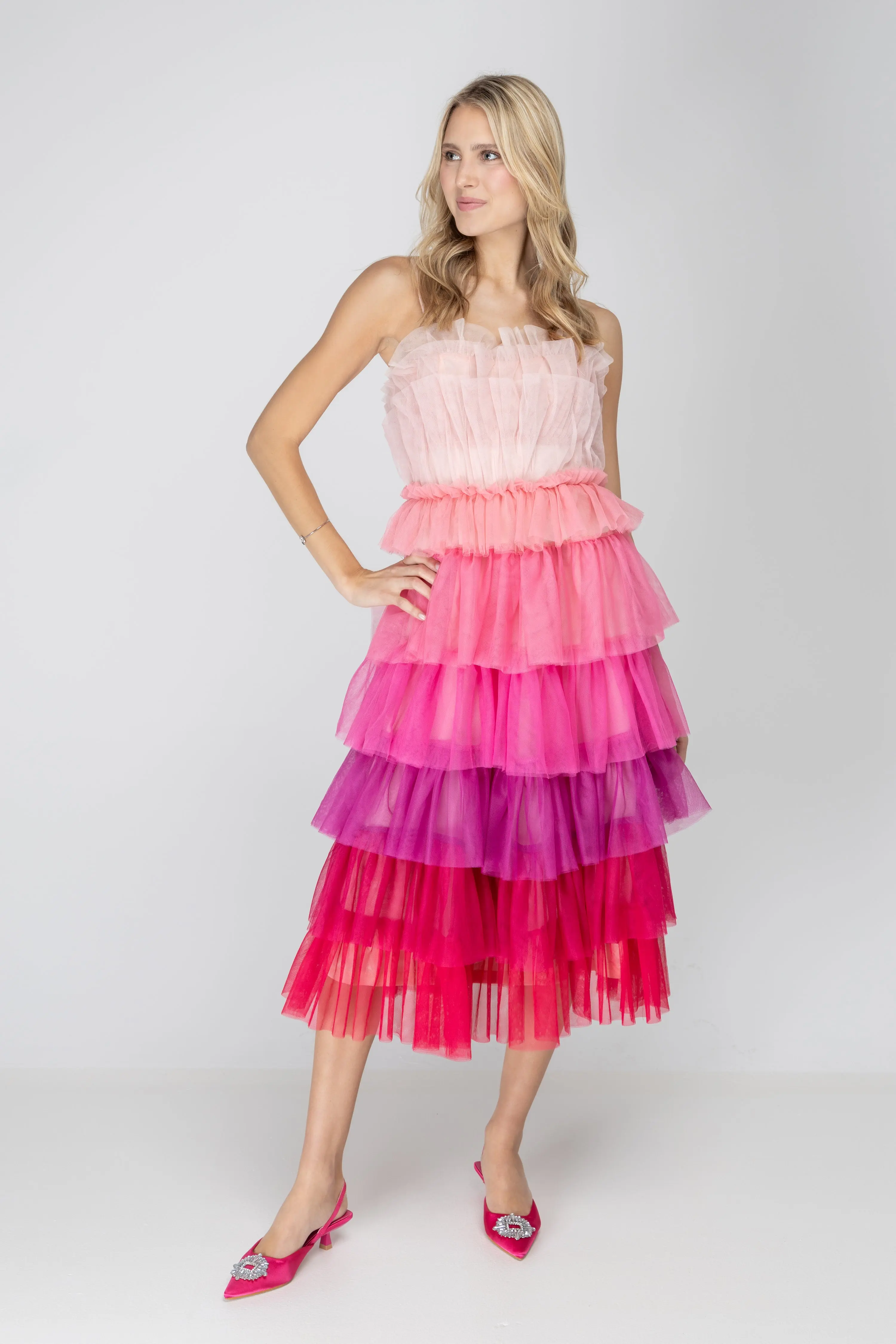 Pink Ombre Tulle Midi Dress