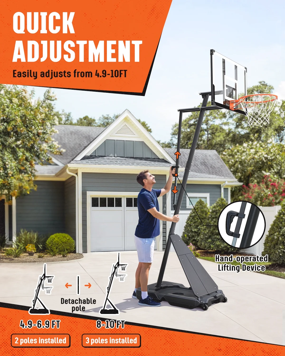 Basketball Hoop with 4.8-10 feet Height Adjustable for Kids/Adults, Portable Basketball Goal with 44 inch Backboard and 2 Wheels for Outdoor/Indoor Sports(Black) - Image 2