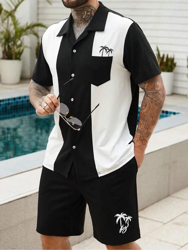 Ensemble chemise à manches courtes à imprimé hawaïen pour homme Suitmens 008