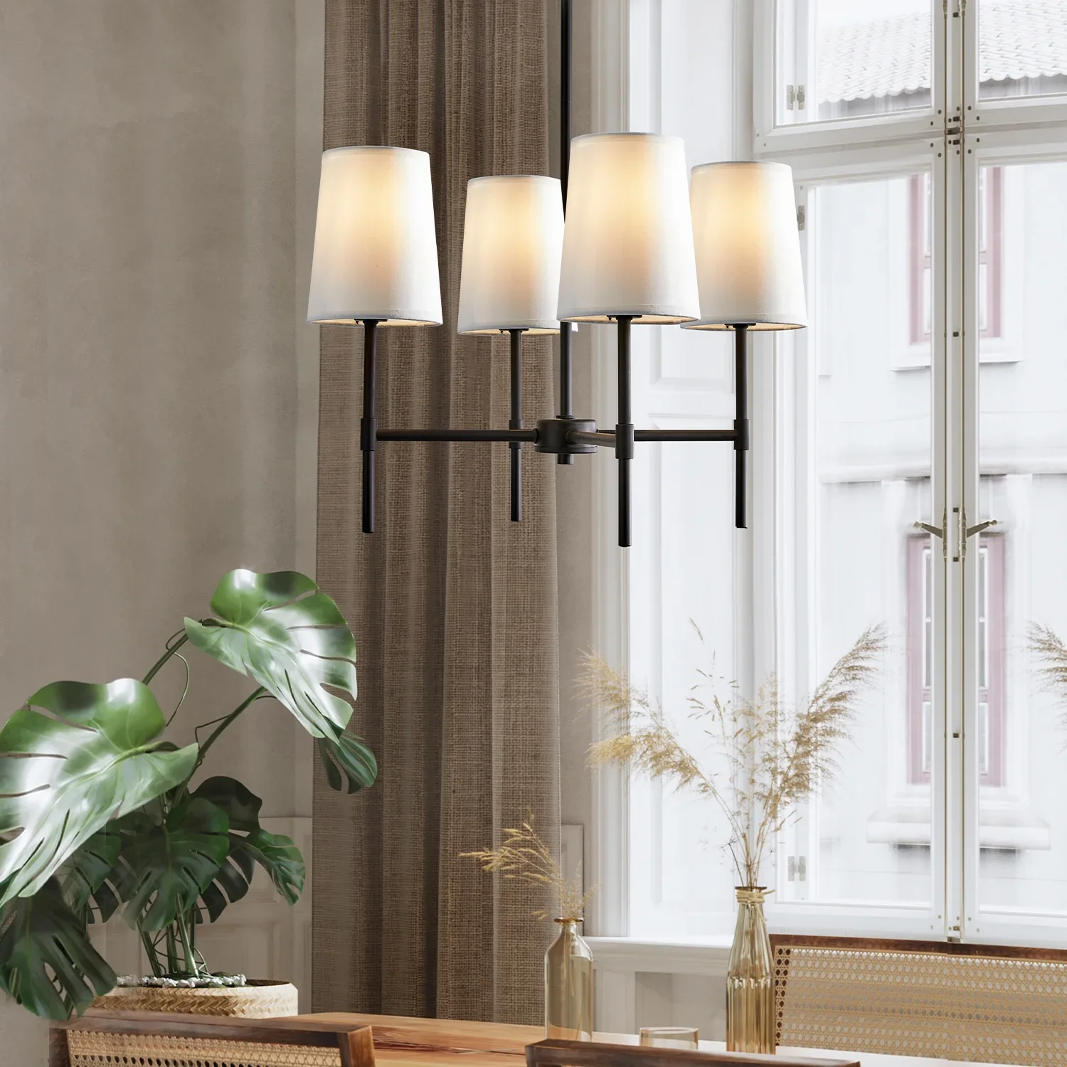 Better Homes & Gardens Meadowood 4-Light Chandelier, Matte Black Finish, White Fabric Shades, LED Bulbs Included