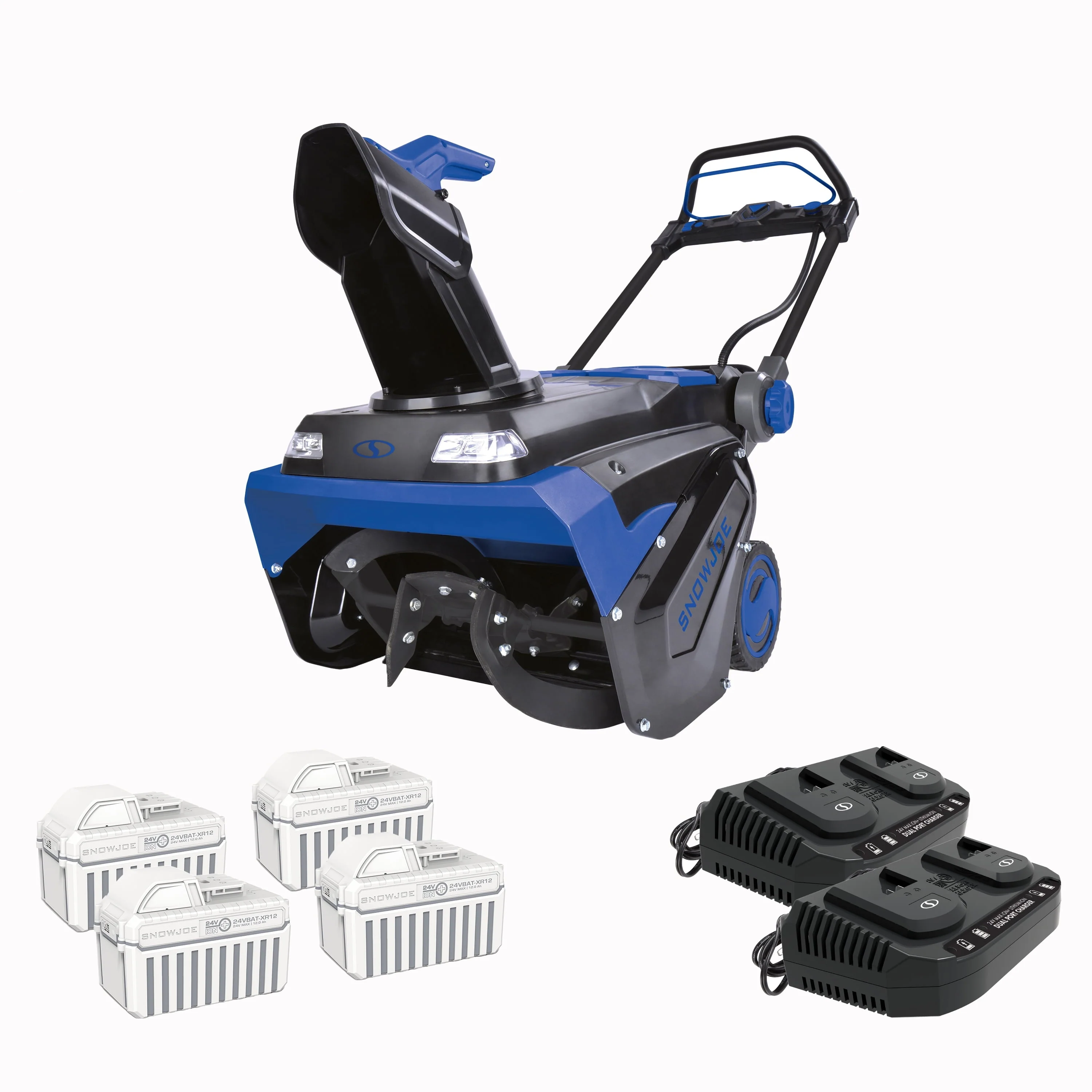 96V 21 inch Brushless Single Stage Cordless Snow Blower, 4 x 12 0 Ah Batteries 2 x Chargers