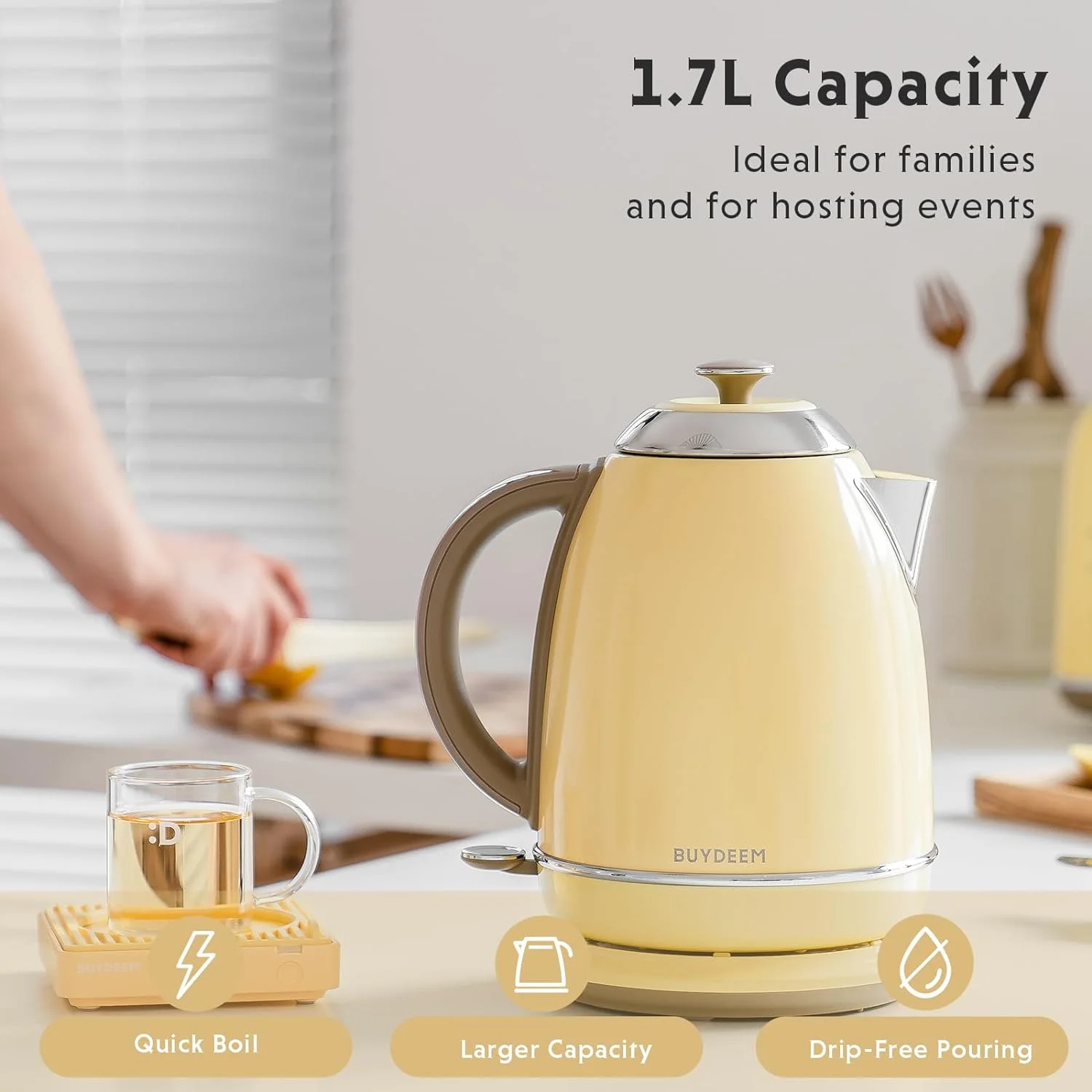 K640N Stainless Steel Electric Kettle with Auto Shut-Off Boil Dry Protection, 1.7L Cordless Hot Tea Water Boiler with Swivel Base, 1440W Fast Heating(Yellow) - Image 4