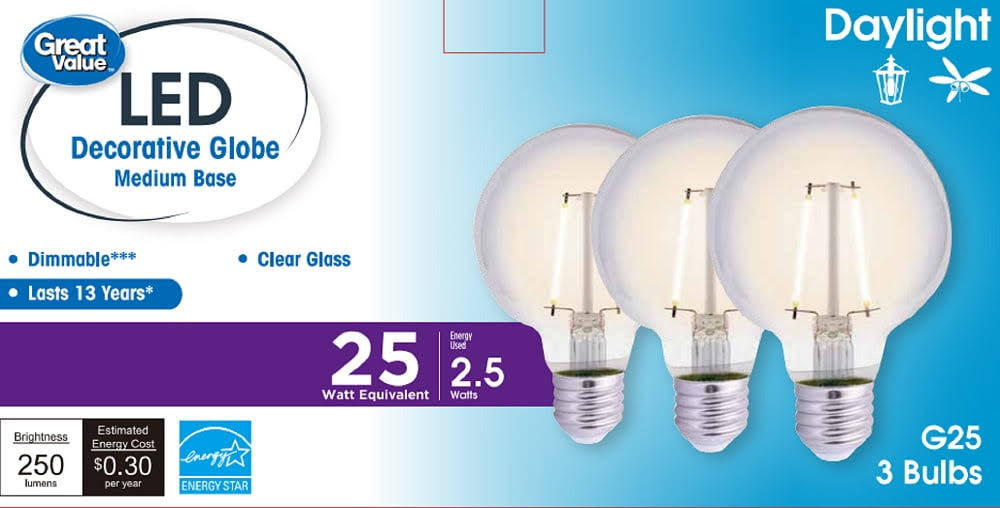 Great Value LED Light Bulb G25 25W Daylight 3 Pack, Clear