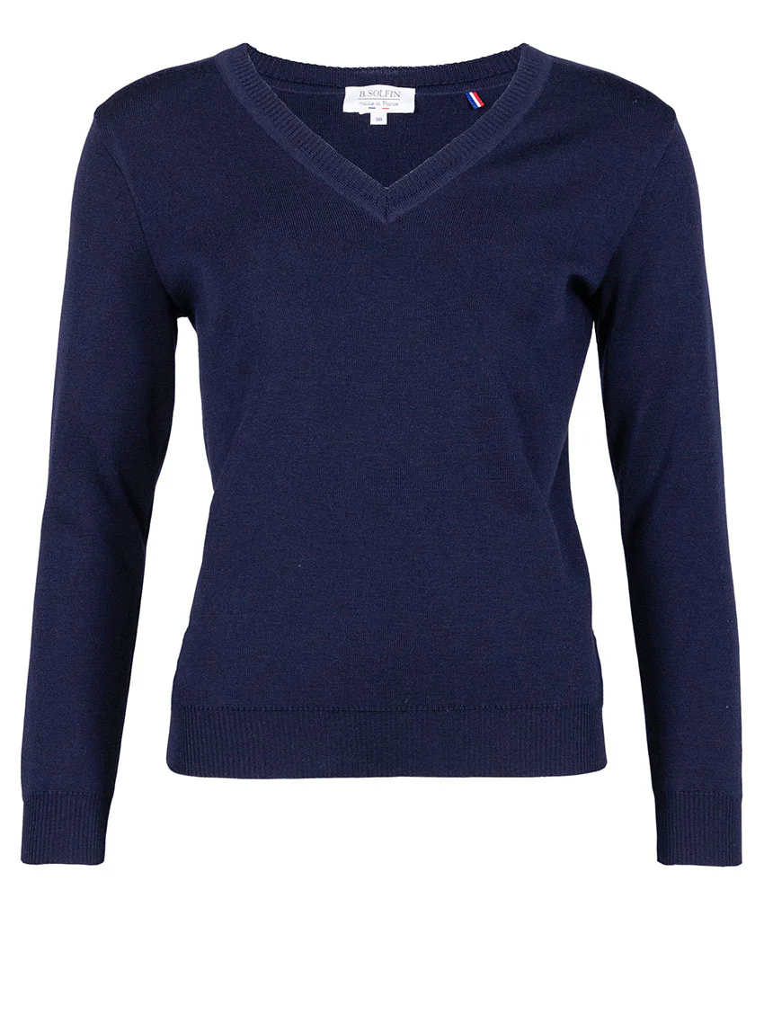 Pull femme col V en laine bleu marine