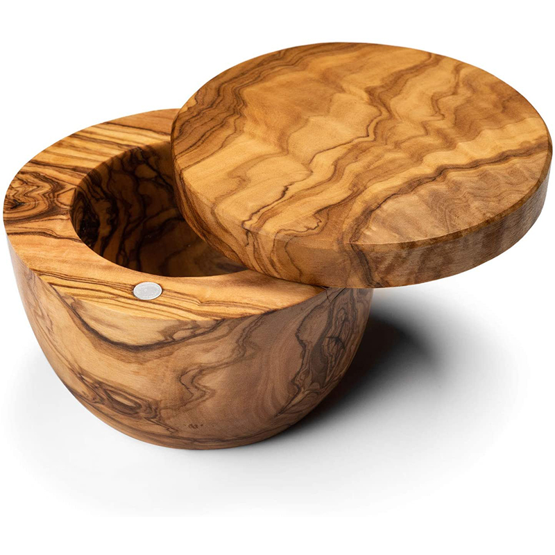 Olive Wood Salt Box Round Wooden Salt Keeper with Lid,  Olive Wood Seasoning Box
