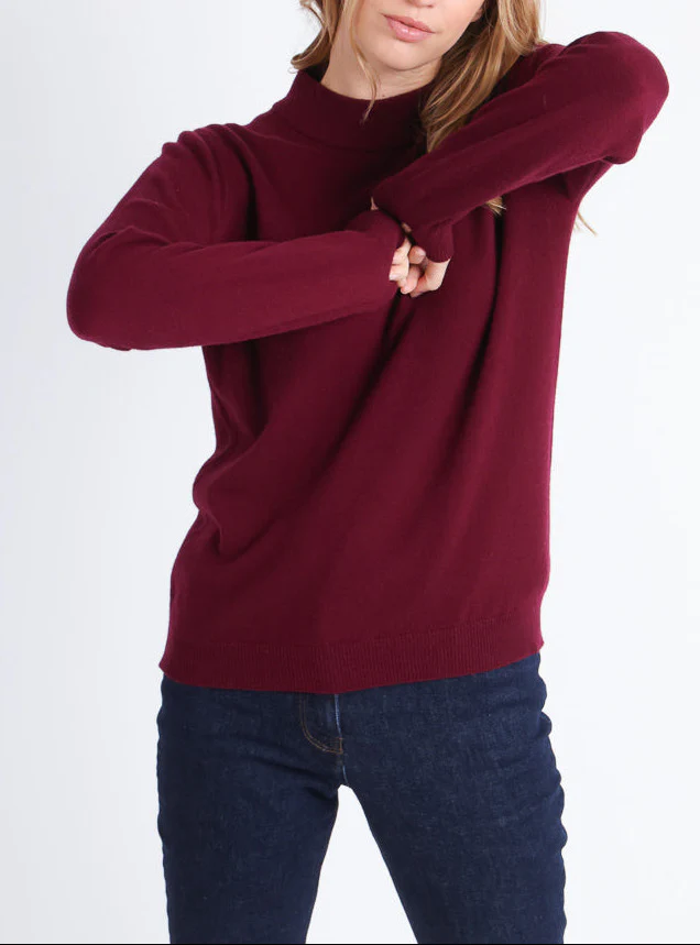 Pull col cheminée femme 100% cachemire Rouge grenat