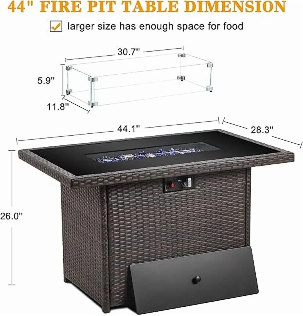 44" Propane Gas Fire Pit Table, 55000 BTU Rectangular Fire Pit with Glass Wind Guard for Outside Patio Deck Garden Backyard(Brown-Glass Top) - Image 6