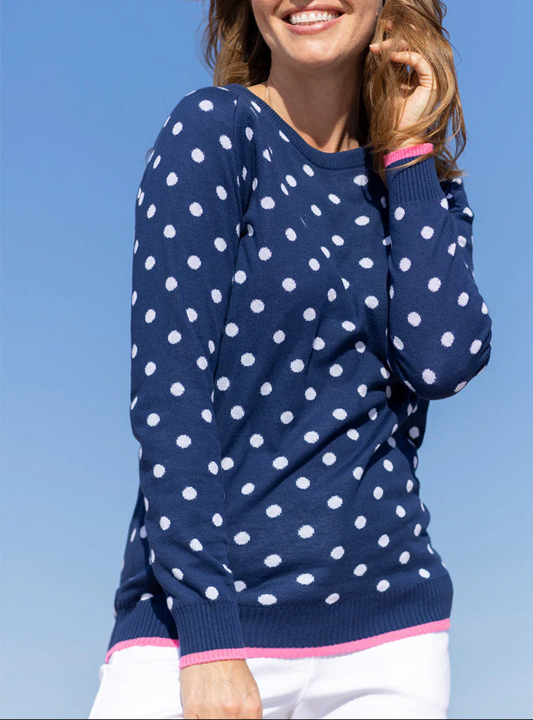 Pull femme à pois en coton bleu marine