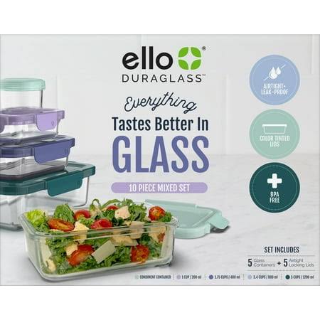 Ello Duraglass Glass Containers and Plastic Lids, 10 Piece Food Storage Containers, Set of 5, Clear