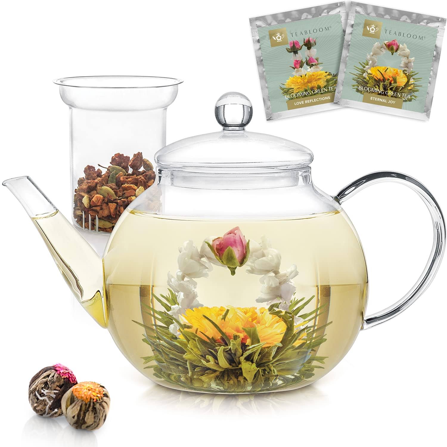 Teabloom Stovetop & Microwave Safe Glass Teapot (34-40oz/1000-1200ml) with Removable Loose Tea Glass Infuser - Includes 2 Blooming Teas - Premium