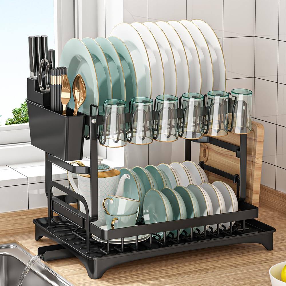 Dish Drying Rack, Multifunctional Dish Rack, Rustproof Kitchen Dish Drying Rack with Drainboard, Space-Saving 2-Tier Dish Drying Rack with A Large
