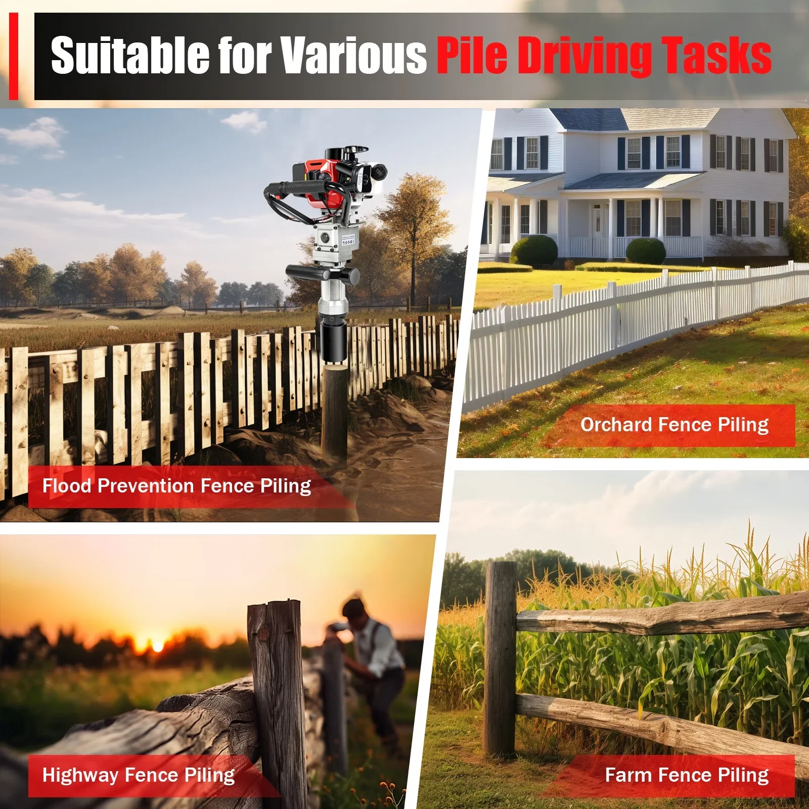 Anqidi 2 Stroke 32.7CC T-Post Driver Piledriver Gas Powered Garden Farm Fence Piling Machine 900W Gasoline Pile Driver Petrol Engine Hammer Push Pile Profession Kit
