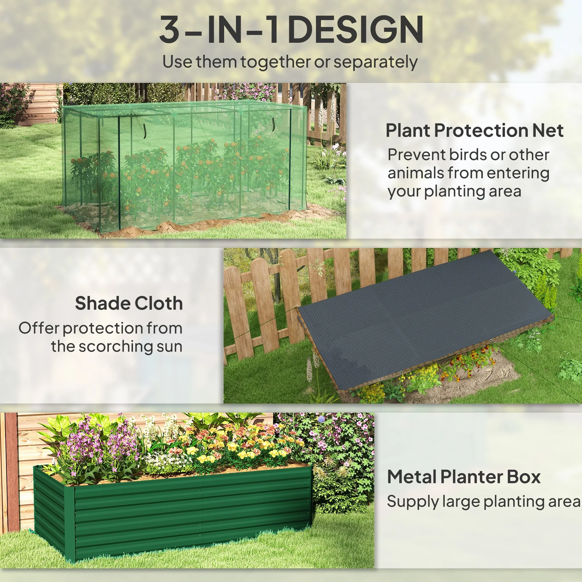 Outsunny Galvanized Raised Garden Bed, Planter Box with Crop Cage and Shade Cloth, Green