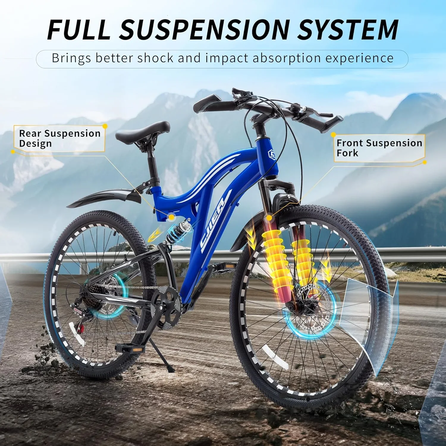 Mountain Bike for Adults, Akaber 24 Inch Full Dual Suspension MTB Bicycle, 7-Speed High-Carbon Steel Frame with Double Disc Brake, Softail Design for Men/Women Outdoor Trail Riding