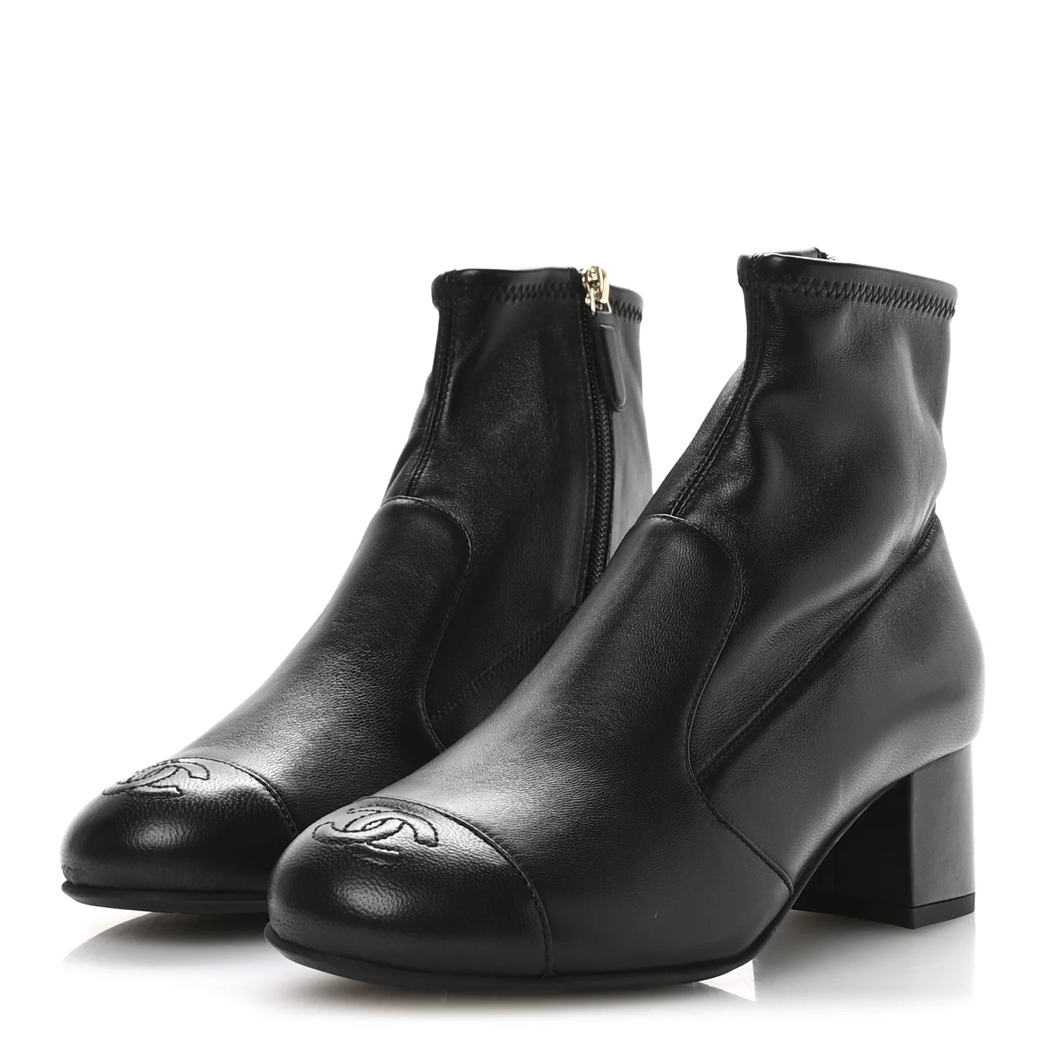 Stretch Lambskin Cap Toe CC Uniform Short Boots 36.5 Black