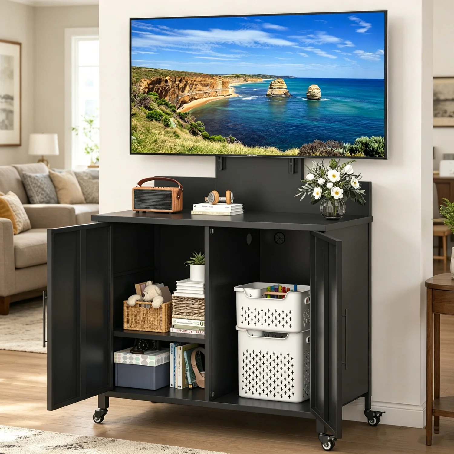 AECOJOY Outdoor Storage Cabinet with TV Mount for 40–85 Inch TVs, Outdoor TV Stand with Storage Cabinet Waterproof