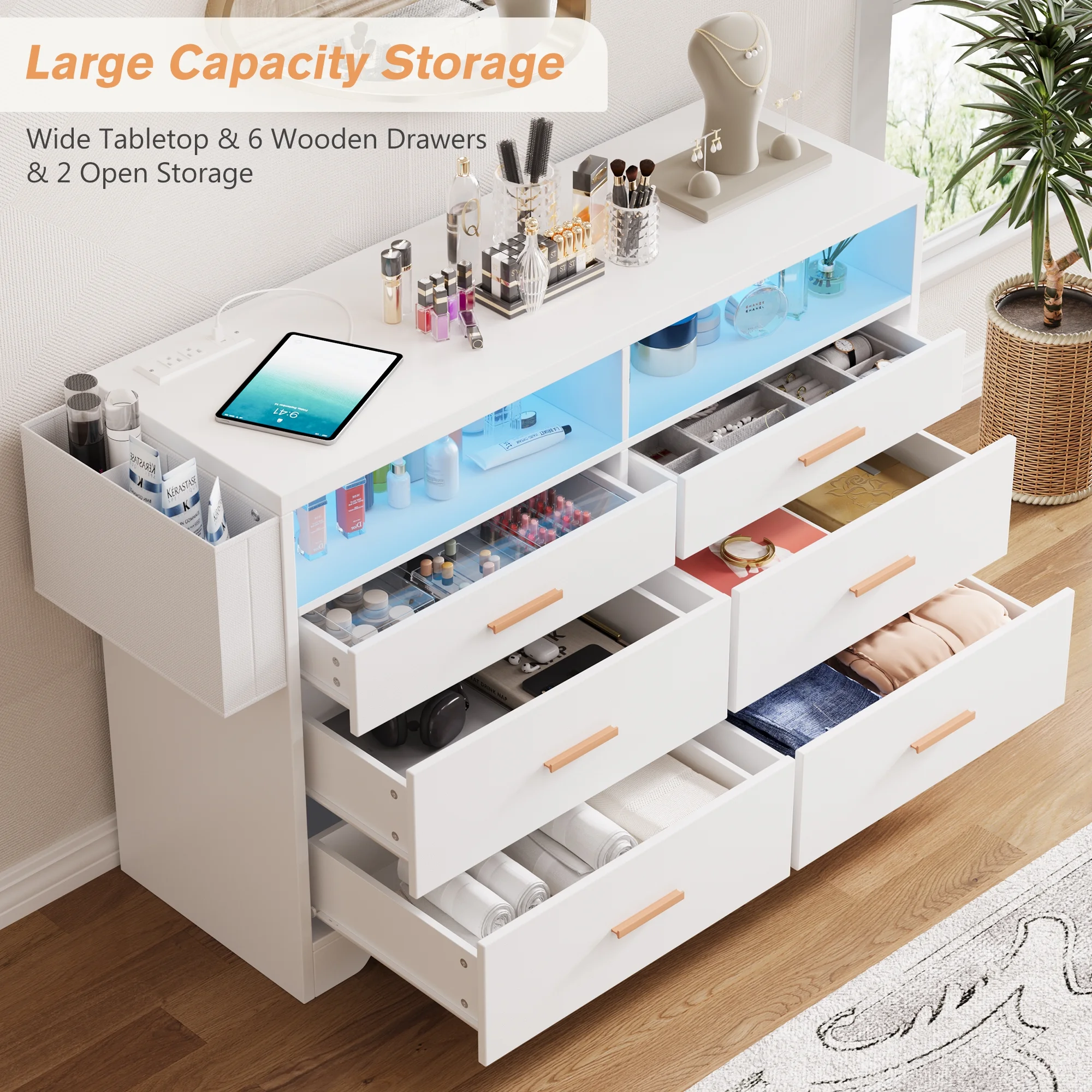 White Dresser for Bedroom,6 Drawers Dresserwith LED Lights and Charging Station, 47" Wide Bedroom Dresser Chest of Drawers Storage Organizer TV Stand for up to 55" TV for Living Room(47"/White) - Image 7