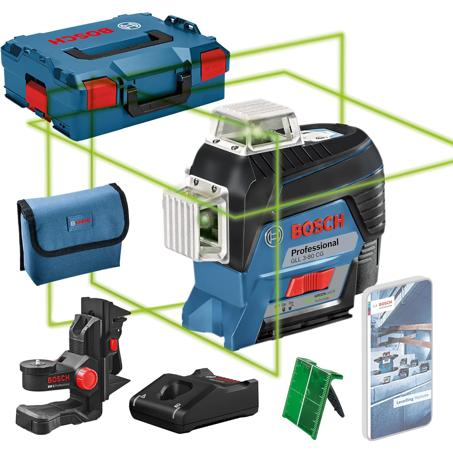 Bosch Professional 12V System Niveau Laser Lignes GLL 3-80 CG (1 batterie 12V, laser vert, pour l'intérieur, avec fonction d'application, portée : jusqu'à 30 m, support universel BM 1, L-BOXX)
