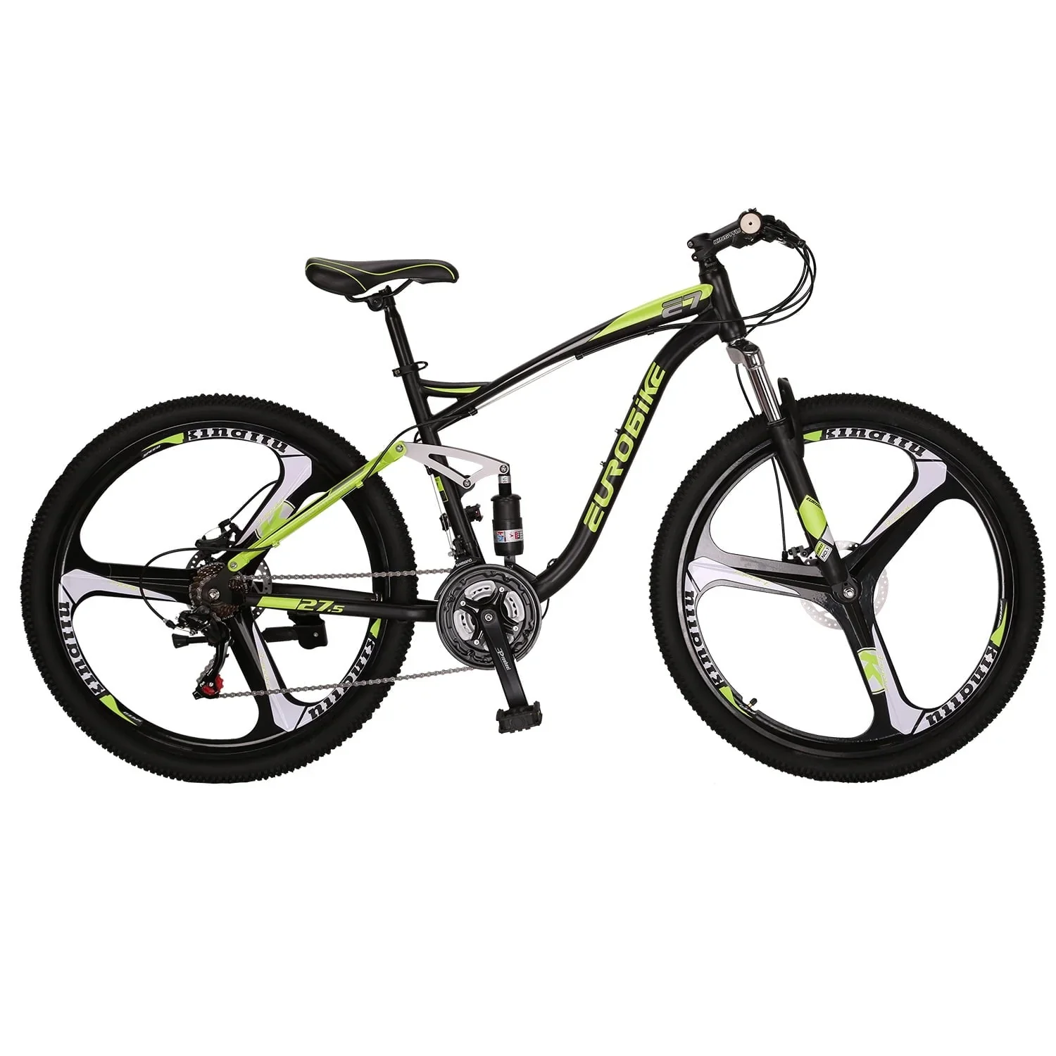 Full Suspension Mountain Bike Eurobike E7 18 inch Frame 27.5 Inch Wheels 21 Speed Shifter Disc Brakes Full Suspension Aldult for Mens Bicycle 3-Spoke Green