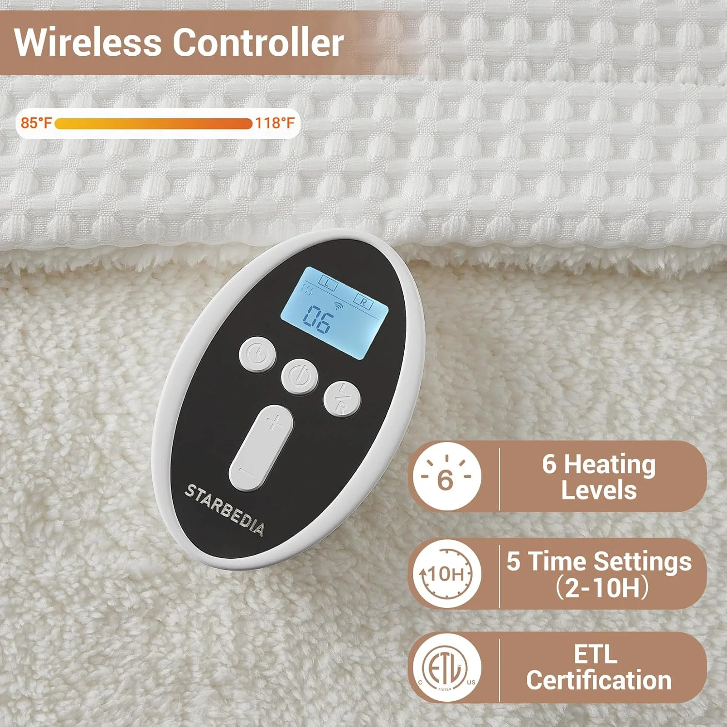 Heated Blanket Queen Size - Fast Heating Electric Blanket with Wireless LCD Controller, White, 84