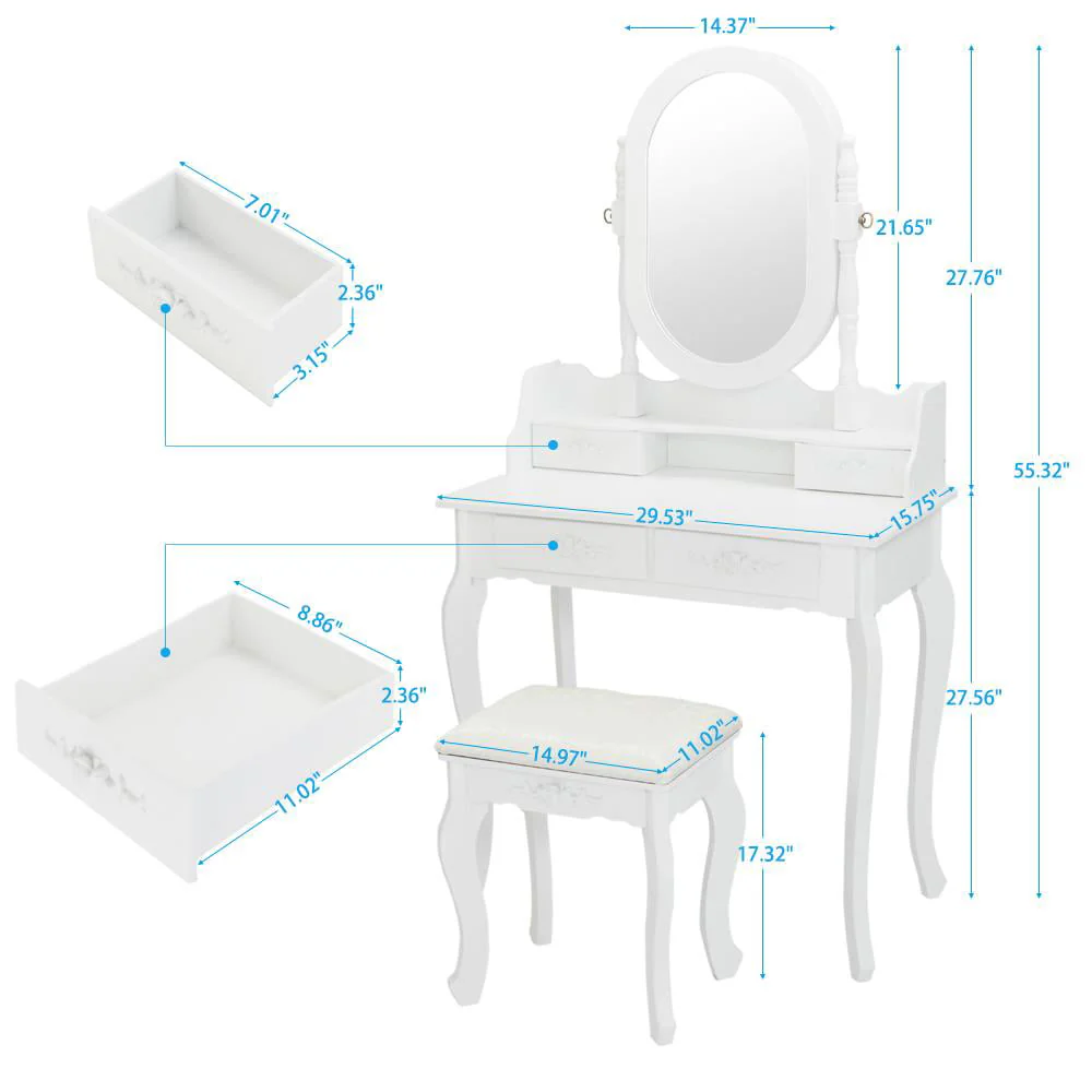 Vanity Jewelry Wooden Makeup Dressing Table Set W/Stool Mirror Cabinet 4 Drawer - Image 9